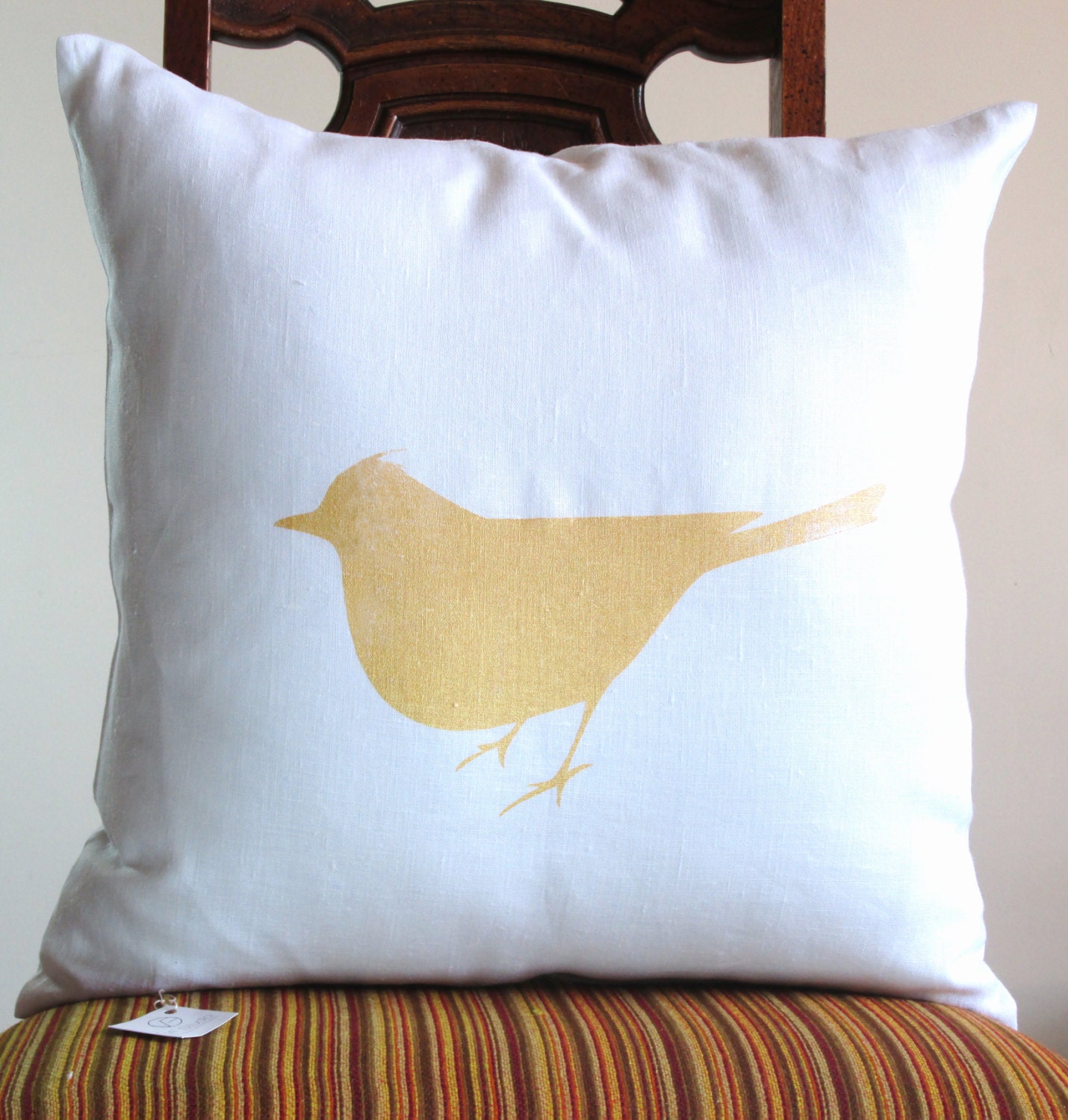 GOLD BIRD PILLOW throw 18 x 18 modern White Linen Screen