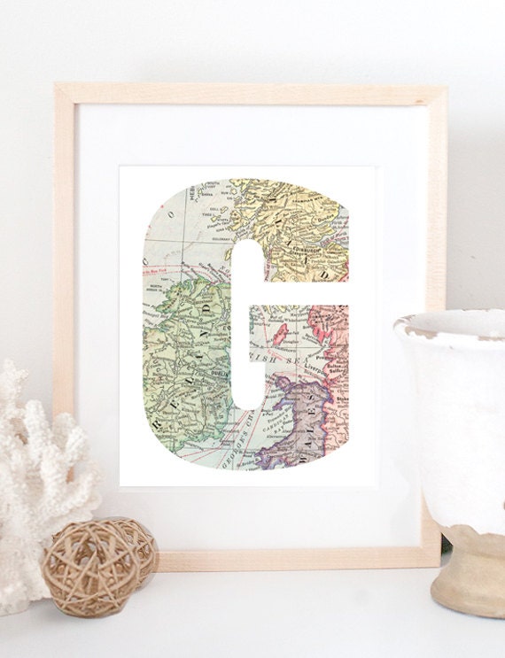 printable letter initial vintage map personalized travel