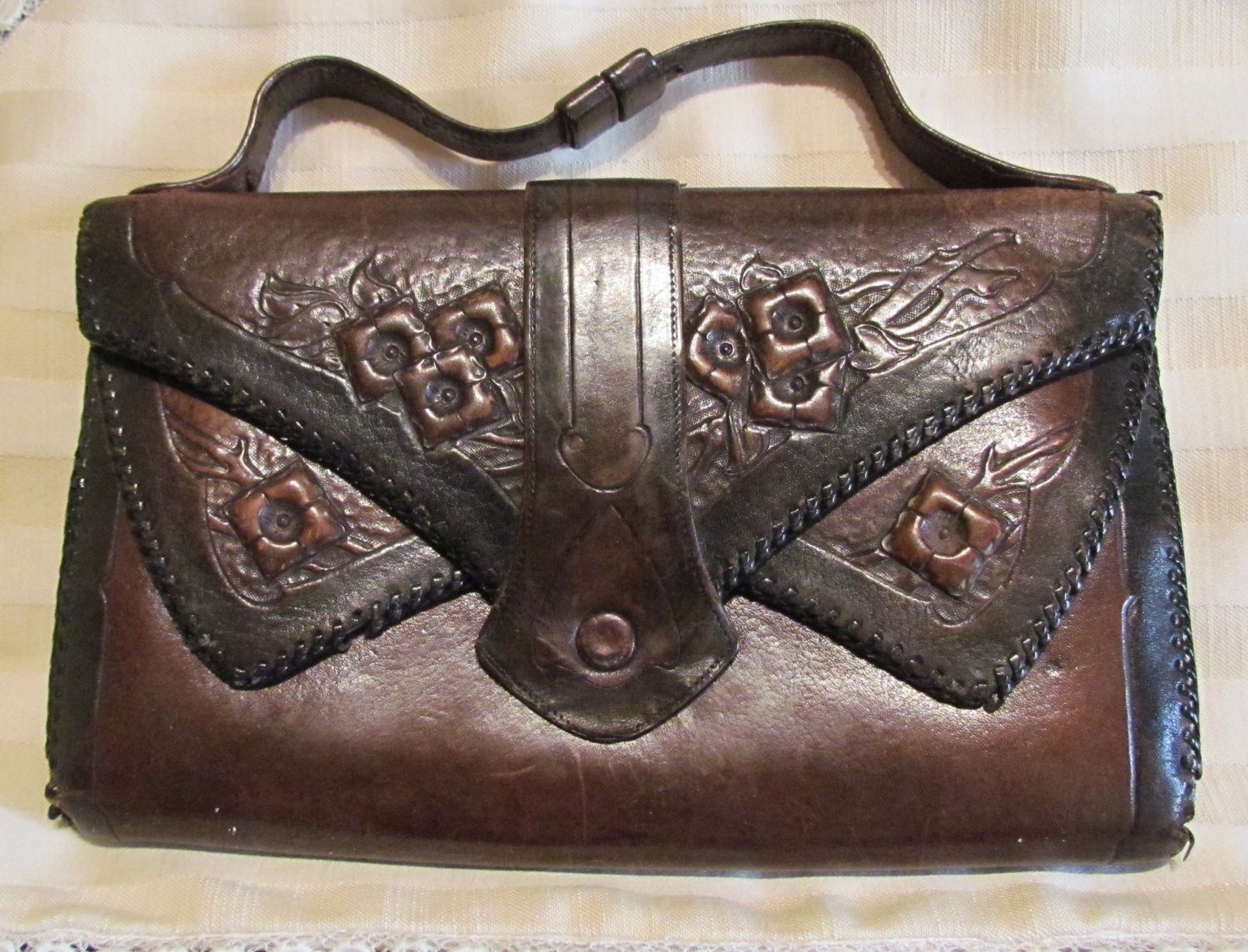 Vintage Tooled Leather Purse Tooled Leather Handbag Art Deco