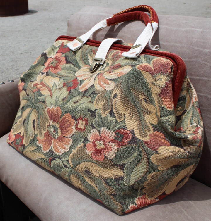 Floral carpet bag or Mary Poppins bag in dusty red sage