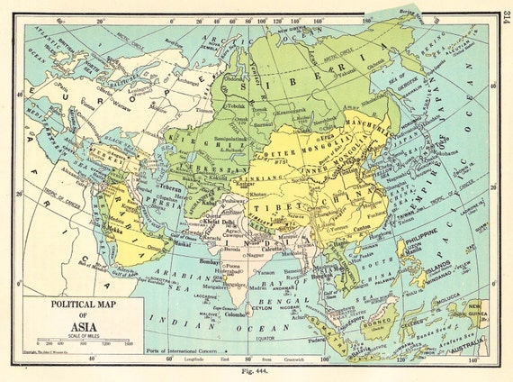 Items similar to Vintage Map • Asia Political 1920s Color • Tibet Siam ...