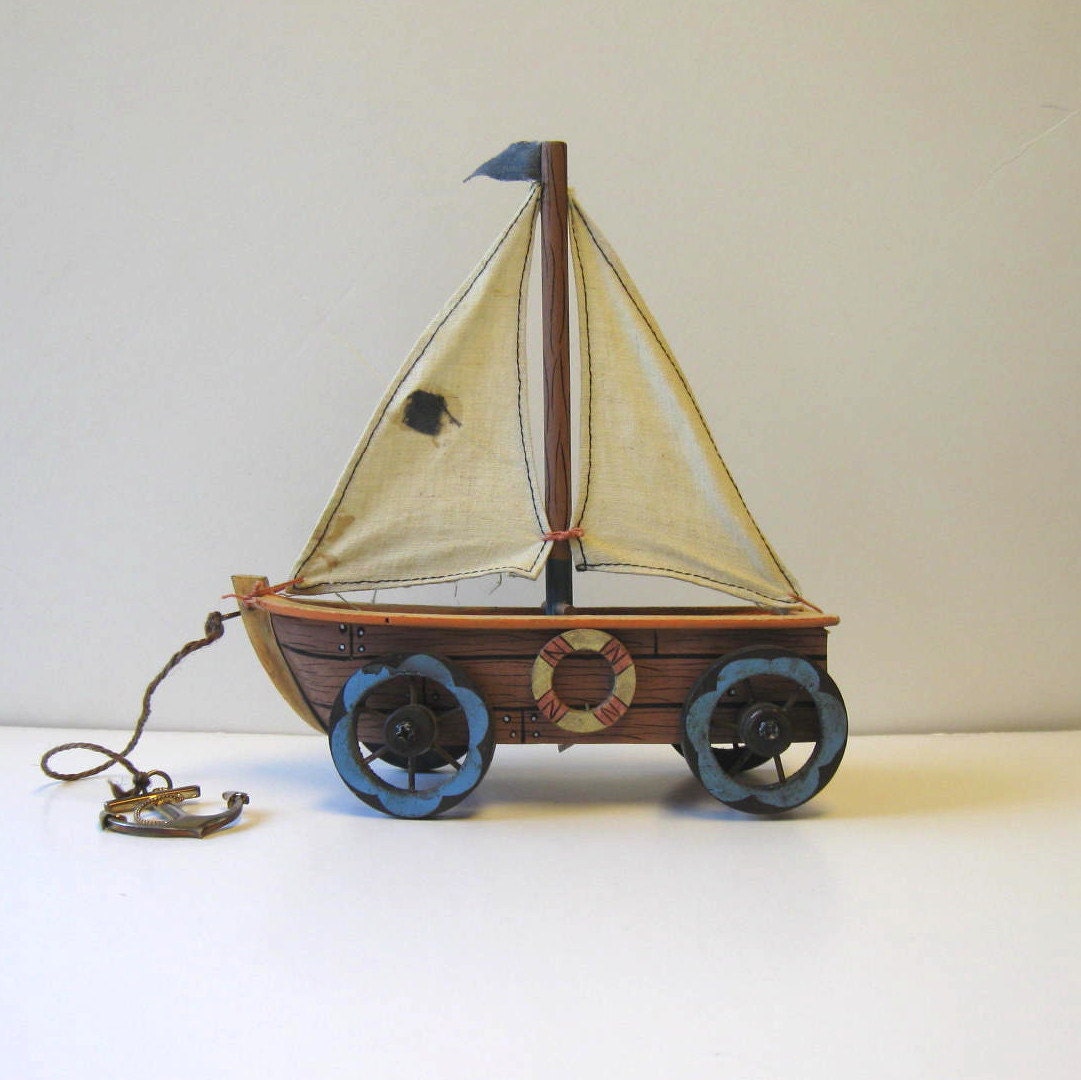 vintage wood pull toy sail boat beach cottage decor