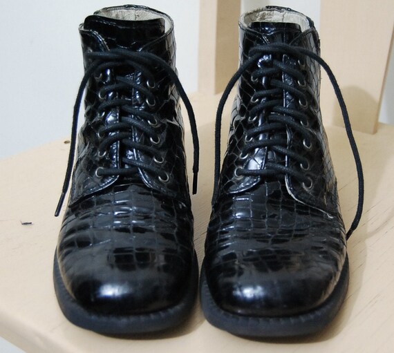 90s Boots BLACK LEATHER Patent Crocodile Embossed by cruxandcrow