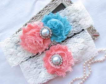 SALE Wedding Garter .. Coral Turquoise Garter .. Bridal Garter .. Wedding Garter Set .. Toss Garter .. Vintage Garter .. Lace Garter