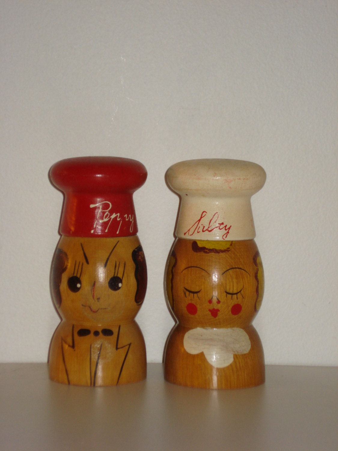 Wooden Salt and Pepper Shakers Salty and Peppy Handpainted 1950s