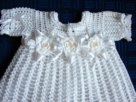 Crochet Christening Dress and headband with flowers by Dachuks