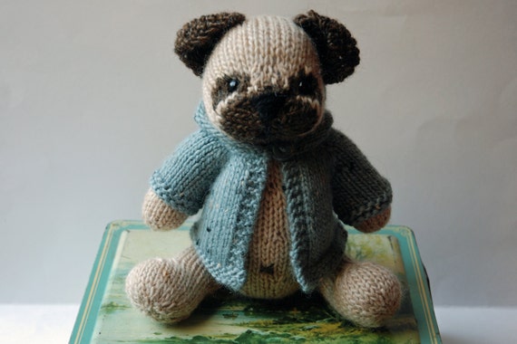 Knitted Pug Puppy Dog Toy with Blue Tweed Wool Hoodie