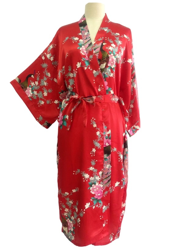 Kimono Robes Bridesmaids Silk Satin Red Colour Paint Peacock