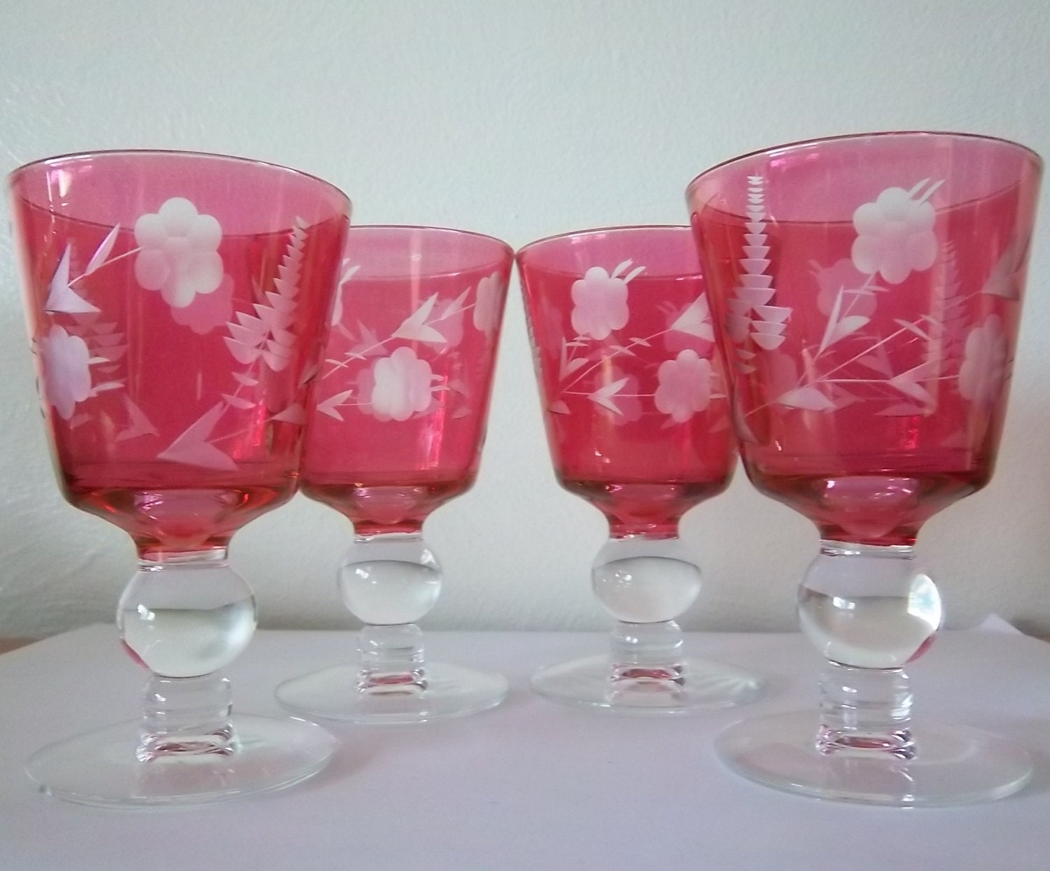 Etched Pink Cordial Glasses Vintage Home Decor by DayJahView