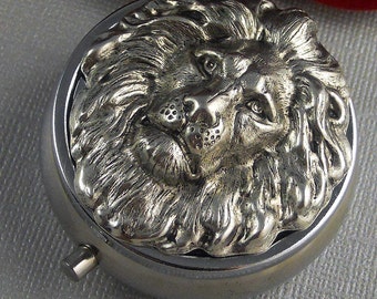 Silver Pill Box Pill Case, Vintage Gothic Inspired, Large Silver Lion Head Pill Box, Father's Day Gift