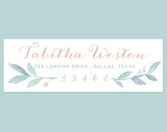 Watercolor Leaves Return Address Label Sticker with Romantic Floral Buds, Pretty Return Address Labels, Watercolor Address Labels, Pastel