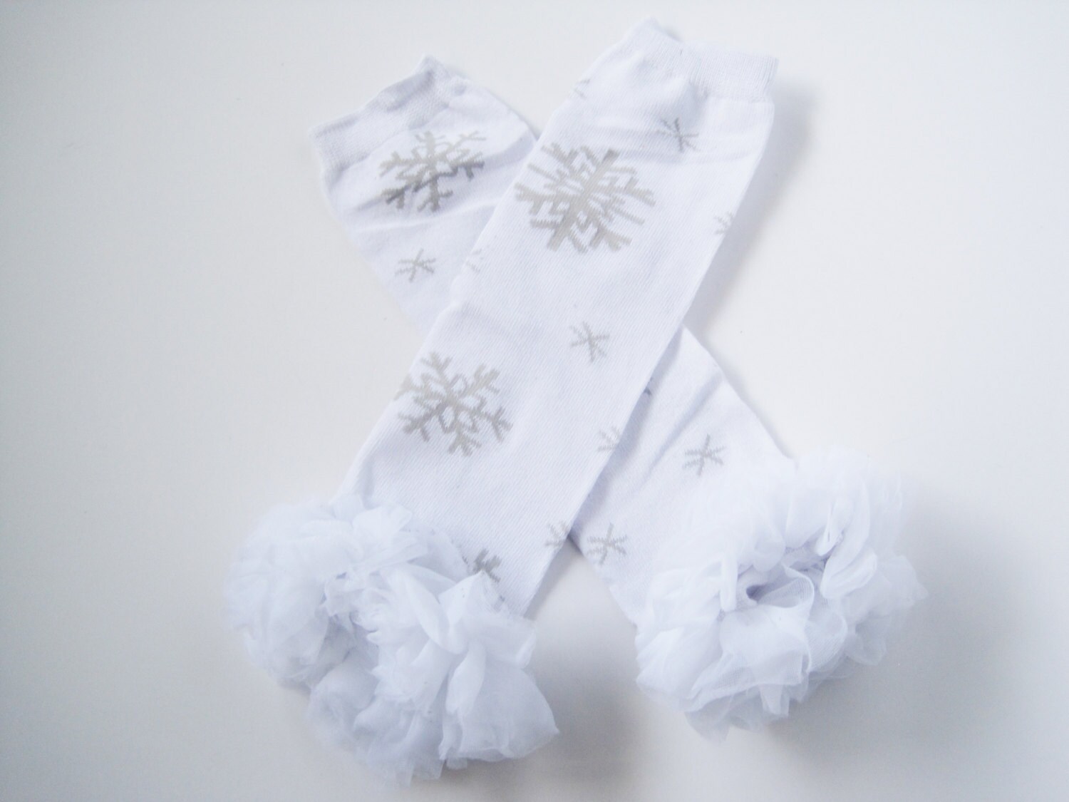 White with Grey Snow Flakes Leg Warmers Baby Leg Warmers