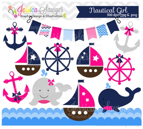 INSTANT DOWNLOAD, baby girl sailing clip art, whale clipart, sail boat, nautical graphic, commercial use for invitations, announcements Il_570xn