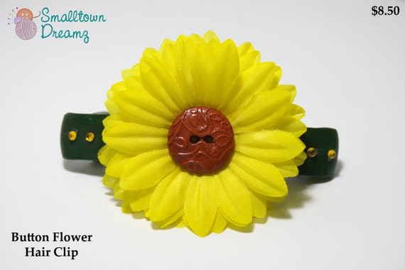 Handmade Yellow Polymer Clay  Button Flower Hair Clip