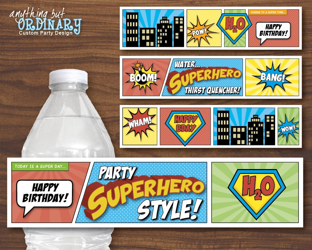 superhero water bottle labels diy comic book birthday labels