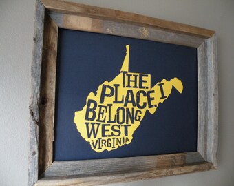The Place I Belong West Virginia Map Print (Dark Blue & Gold/Yellow) - Unframed
