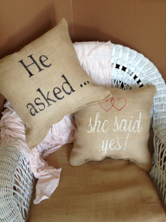 Items similar to Burlap engagement pillow, burlap wedding shower gift