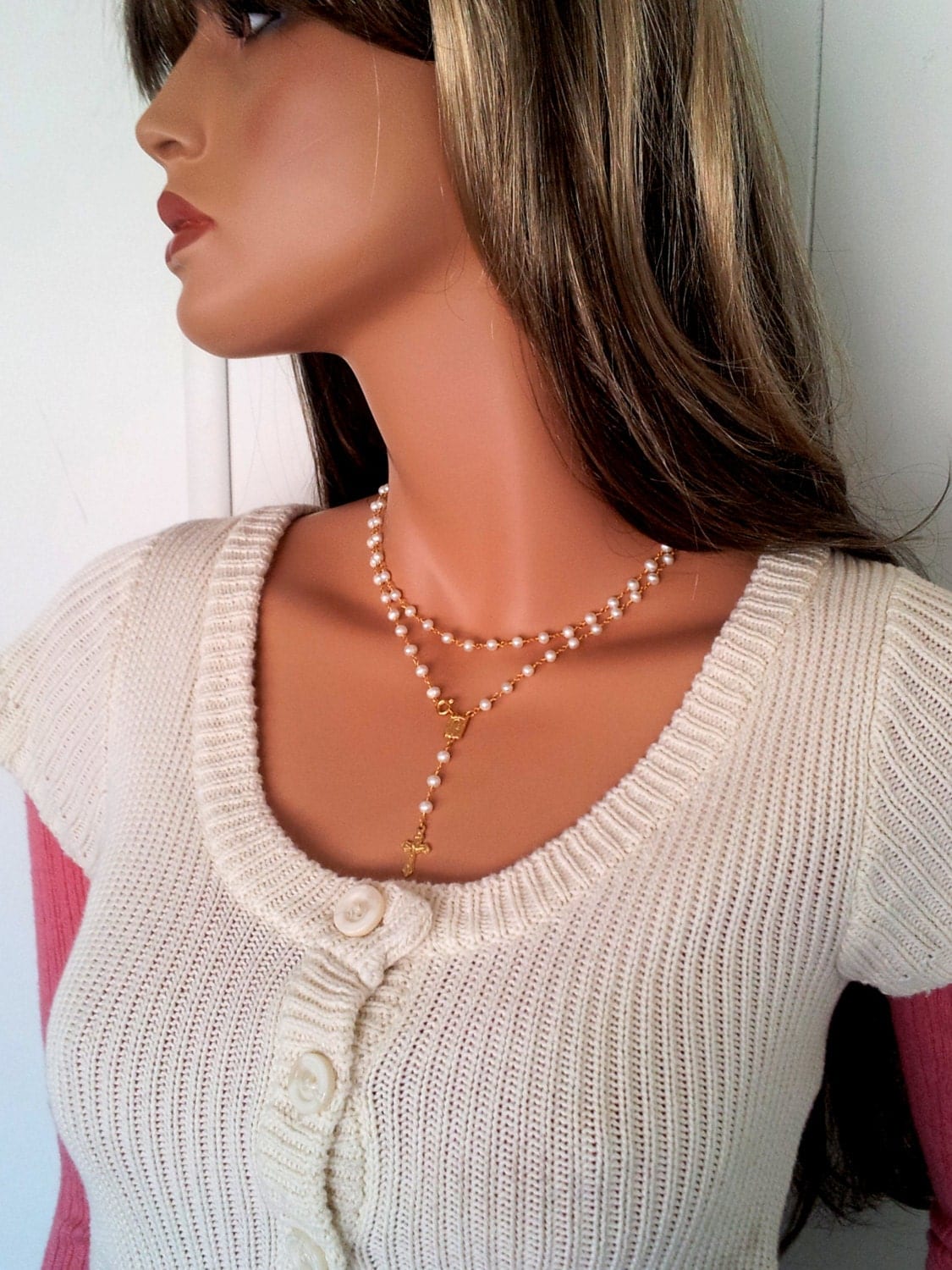 Long Pearl Rosary Necklace Womens Gold Cross Pendant Crucifix