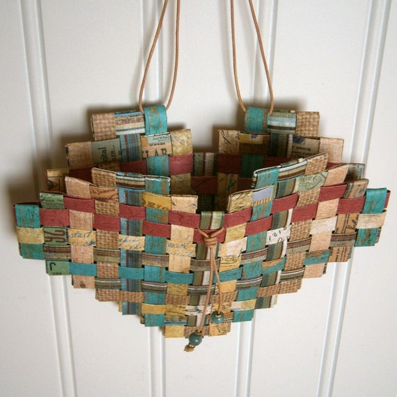 Woven Paper Heart Basket 7x6 Recycled Paper In Shades Of