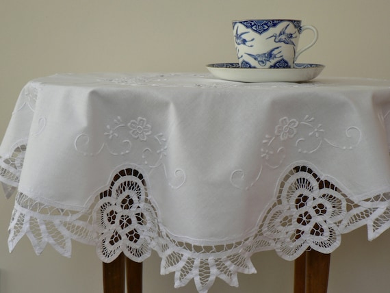 Round Battenburg Lace Tablecloth White Work Embroidery Pure