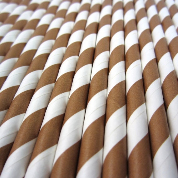 25 BROWN and WHITE Striped Paper Straws - Drinking Straws with Party Flags - Party Supplies Il_570xn