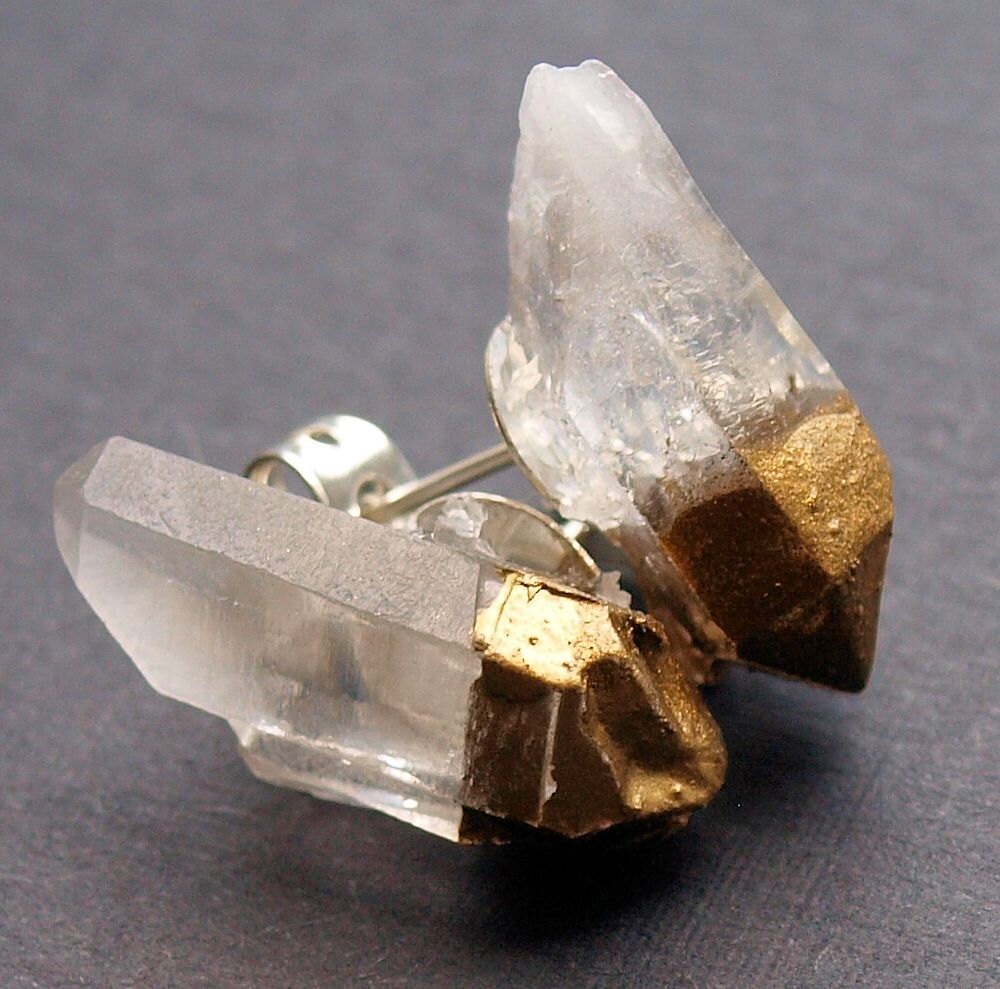 Gold & Raw Quartz Chunk Earrings Geo Earrings Rock Stud