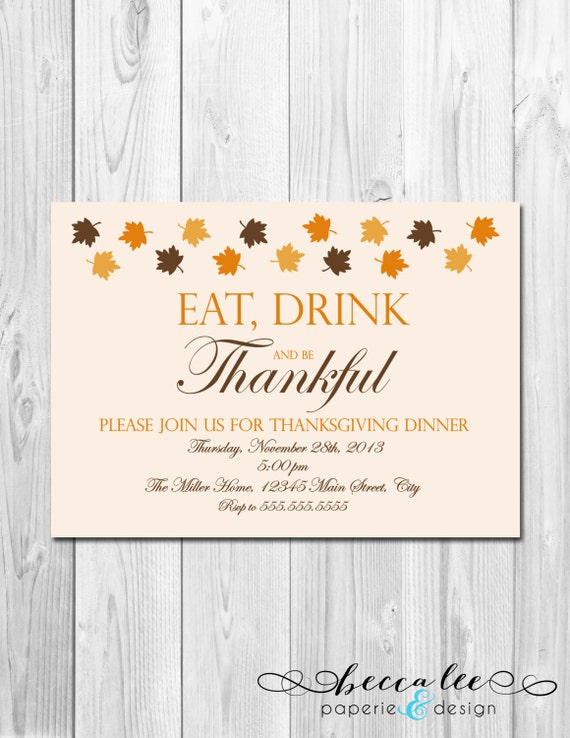 Eat Drink And Be Thankful Thanksgiving Party Invitation Fall Leaves