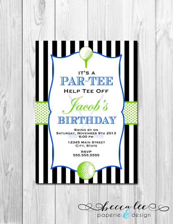 Golf Themed Birthday Par-Tee Invitation - Black and White Stripe - Green and Blue Accents - DIY - Printable Il_570xn