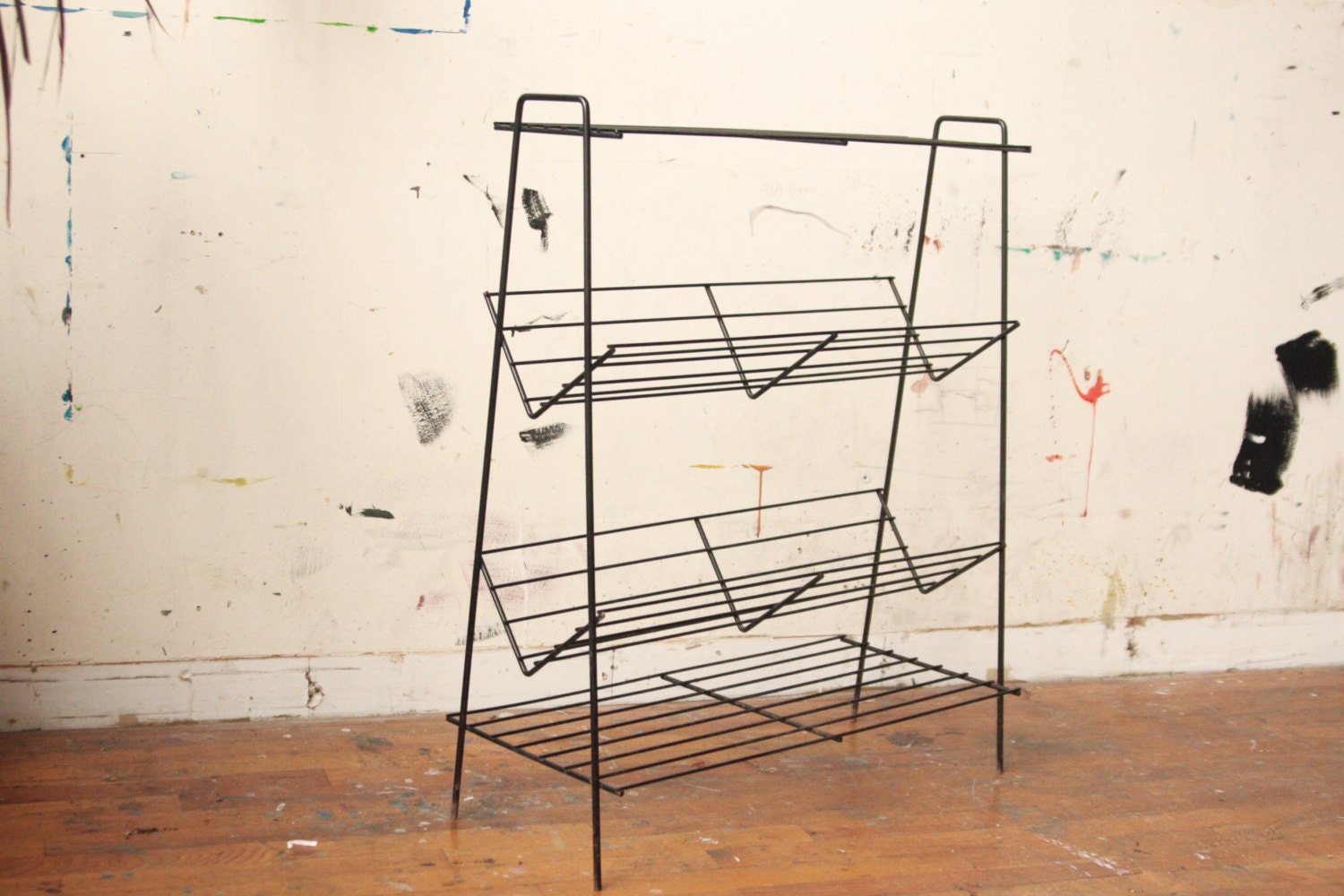 Wire Bookshelf Mid Century Modern Black Metal Shelf