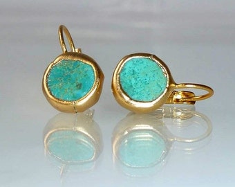 Turquoise earrings, simple everyday, ocean jewelry,framed stone, Gold post fashion earrings.
