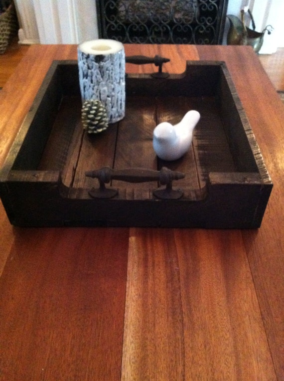 Reclaimed Dark Stained Pallet Wood Serving Tray With Metal