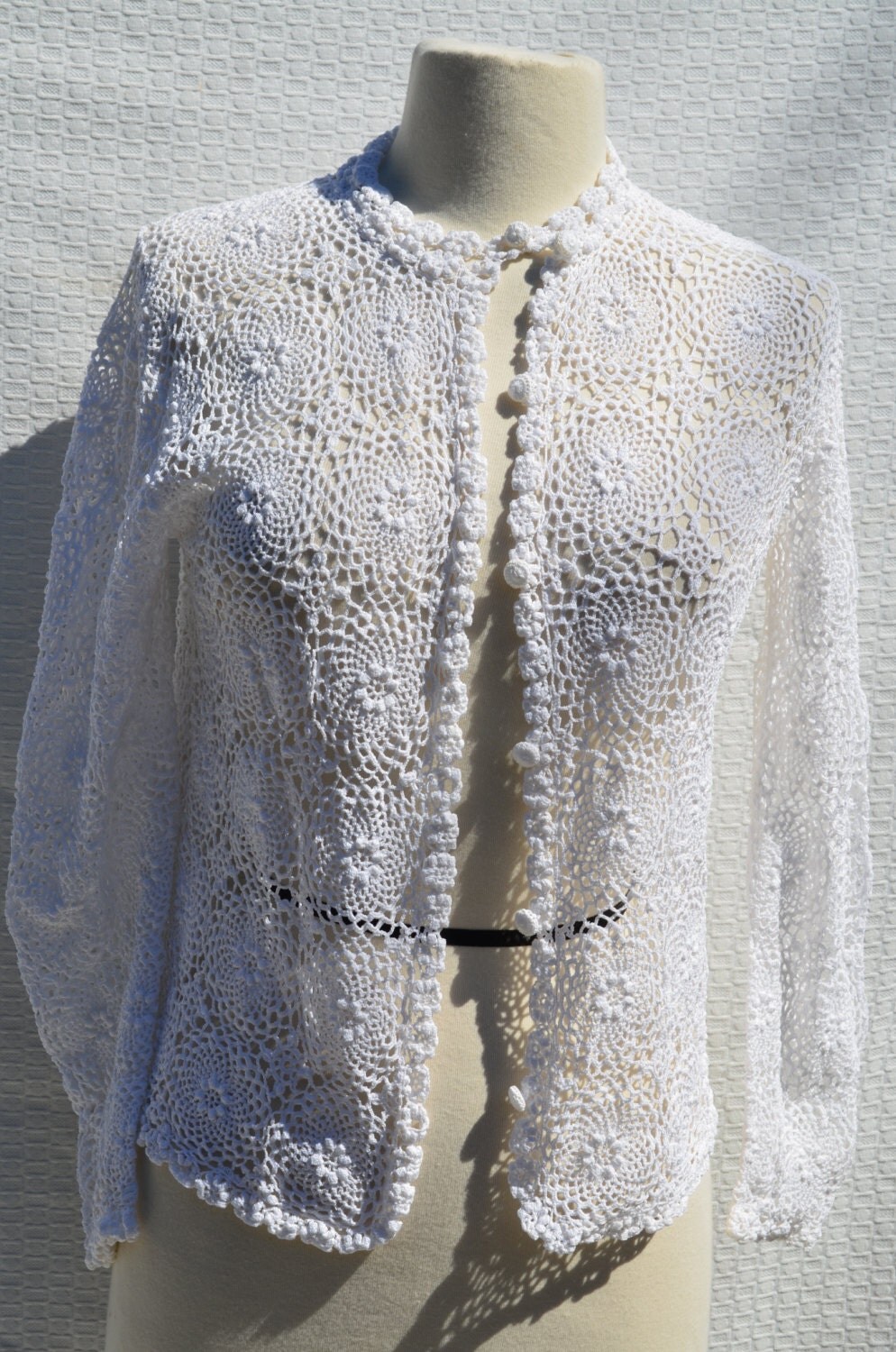 Vintage White Cotton Crocheted Cardigan / Sweater