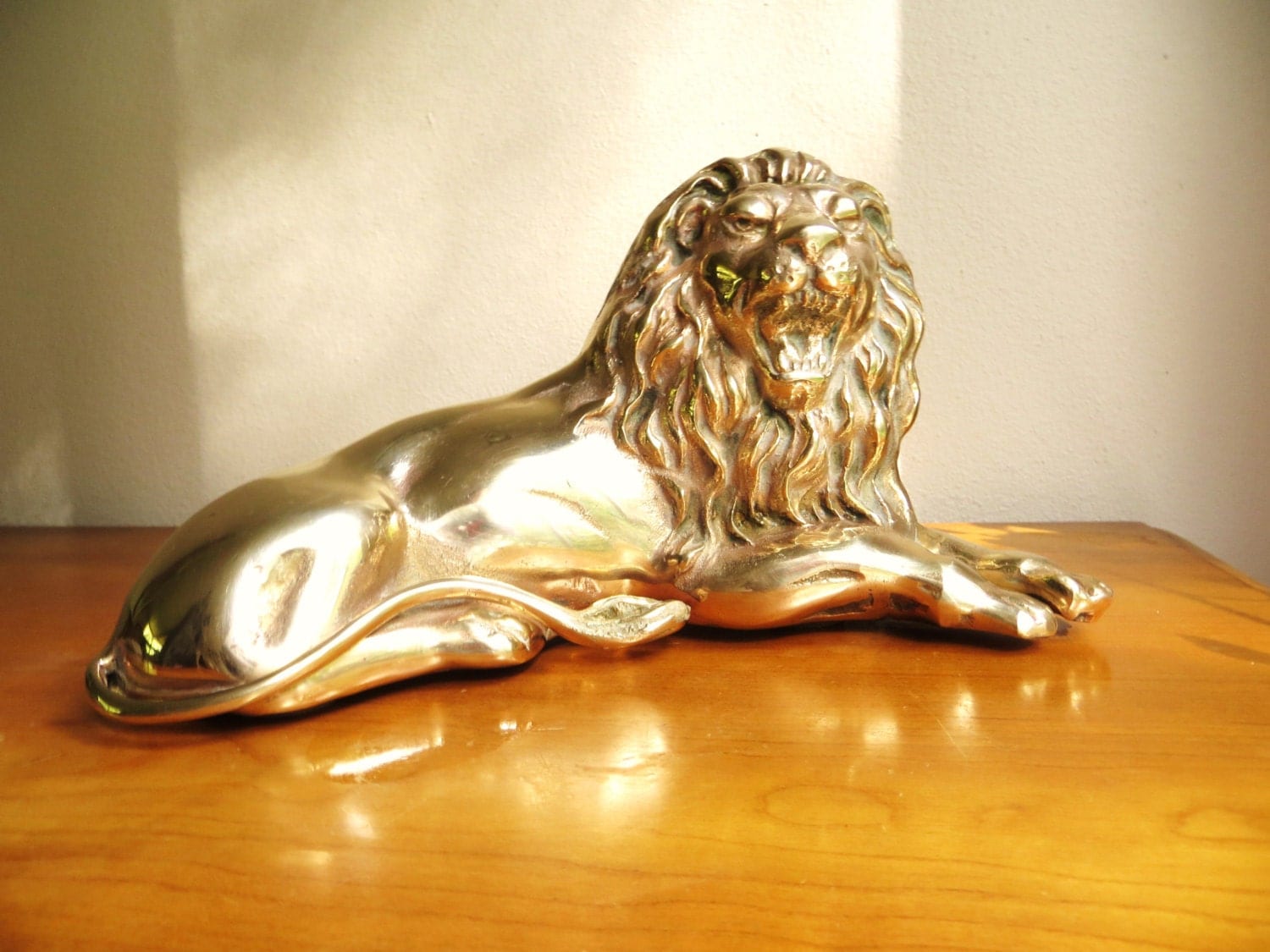 Vintage Brass Lion Statue Gold Lion Sculpture Large Lion 4129