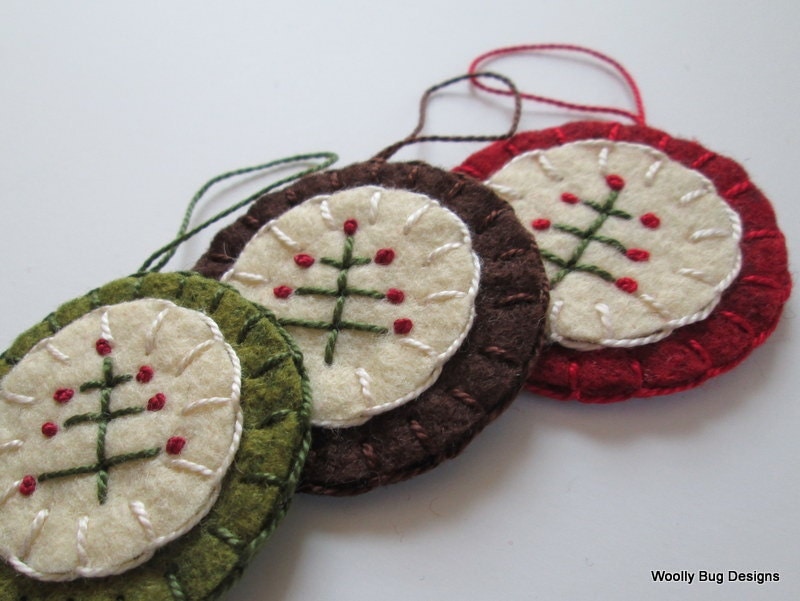 Folk Art Tree Wool Felt Ornaments Set Of 3 By Woollybugdesigns