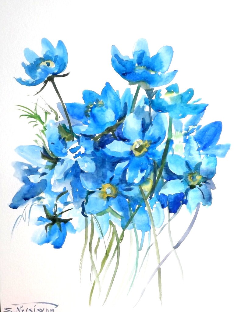 Blue forest flowers original watercolor painting 12 X 9 in