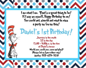 Dr. Seuss Birthday Party Invitation - Thing One Thing Two - Digital File