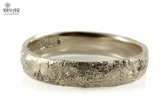 14k white Gold, hammered wedding band, tree bark texture Wedding ring ...