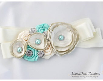 Bridal Custom Sash / Wedding Bridesmaids Belt in Ivory, Aqua Mint, Antique Ivory with Brooches, Beads, Pearls, Crystals, Jewels, Flowers