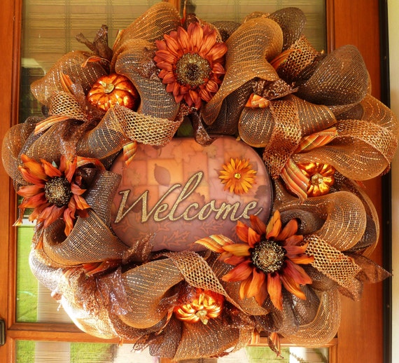 Fall Deco Mesh Welcome Wreath Autumn Wreath Pumpkin Wreath