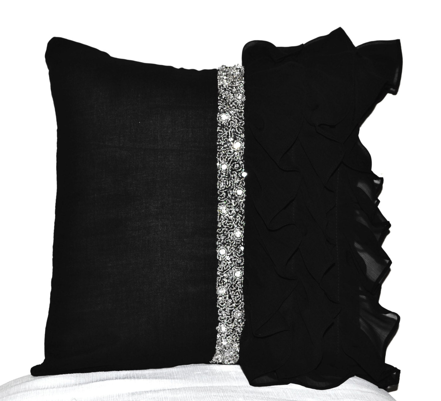 Elegant Black ruffled sequin throw pillow cover 14 x 14