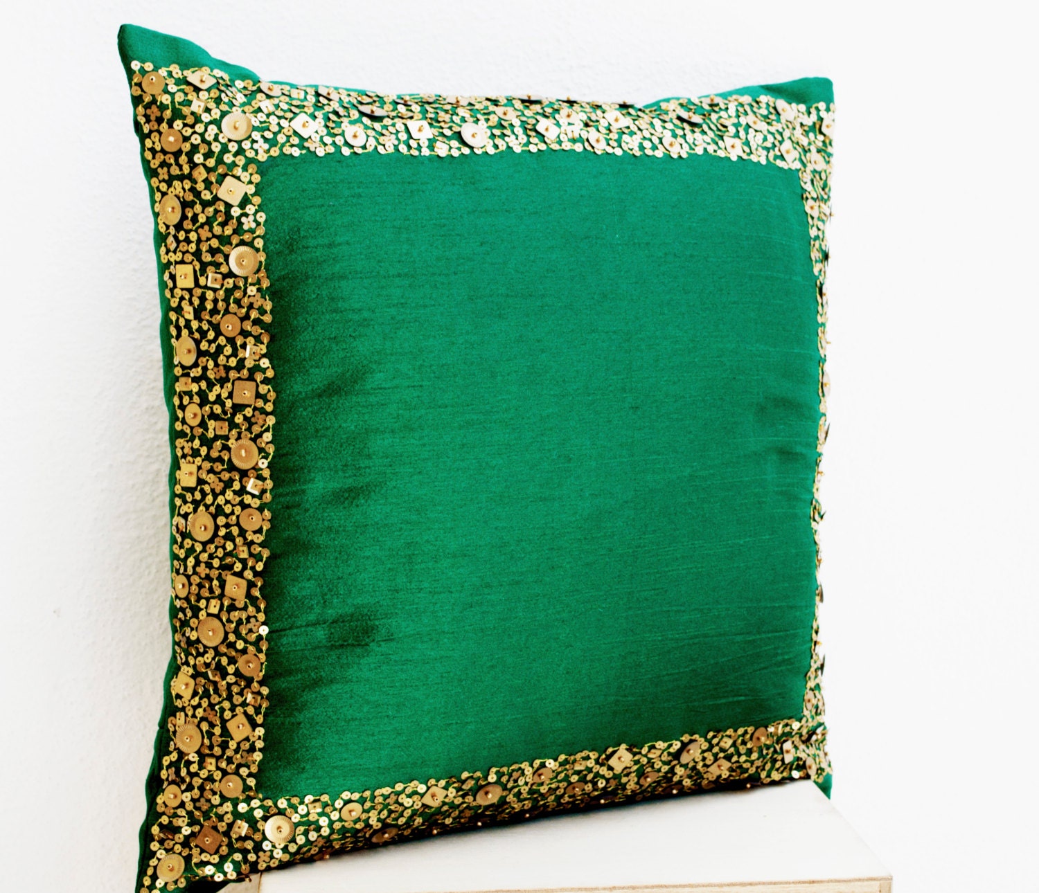 Throw Pillows Emerald green cushion with gold sequin boarder