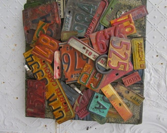 18" Wall Art Antique Ceiling Tiles & Vintage Relics Made From Old License Plates