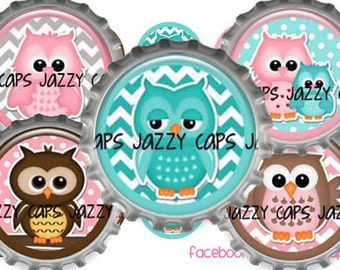 Printed Precut: CHEVRON OWLS Teal Brown Pink - 1" Bottle Cap Pendant ...