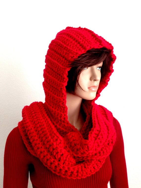 scarf Scarf. Hooded Scarf. Scoodie. Crochet Chunky Red  winter crochet Hooded scoodie hooded