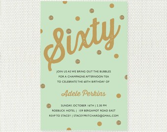 60th birthday invitation - printable pdf - mint, peach or black and gold, for dinner, lunch, cocktail or any type of party