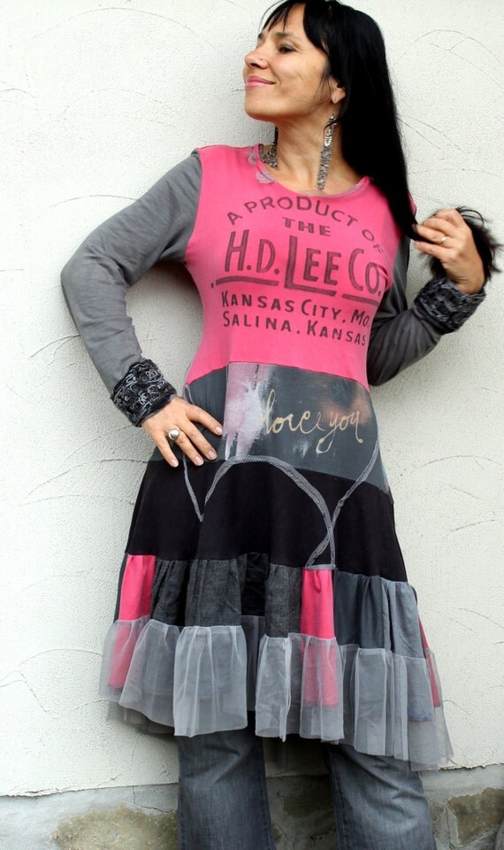 Fantasy pink and grey pop art recycled dress tunic hippie