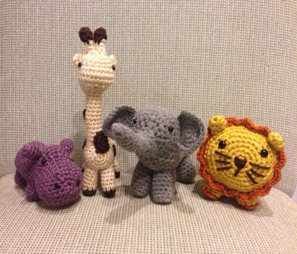 Set of 4 Adorable Crocheted Jungle Animals Lion Elephant