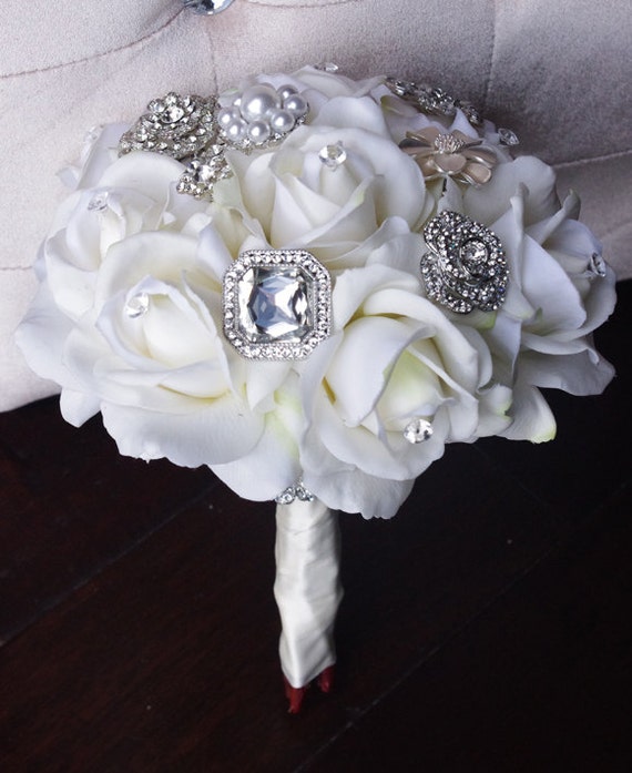 Silk Brooch Wedding Bouquet Natural Touch Roses And Brooch 5653