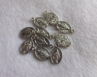 Lot of 10 Small Miraculous Medal Religious Silver Finished Pewter Antique Oxidized Double Sided Oval Charms