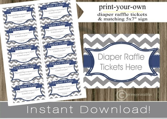 Baby Shower Diaper Raffle Tickets with matching sign navy blue and gray chevron INSTANT DOWNLOAD diy digital printable file print your own Il_570xn
